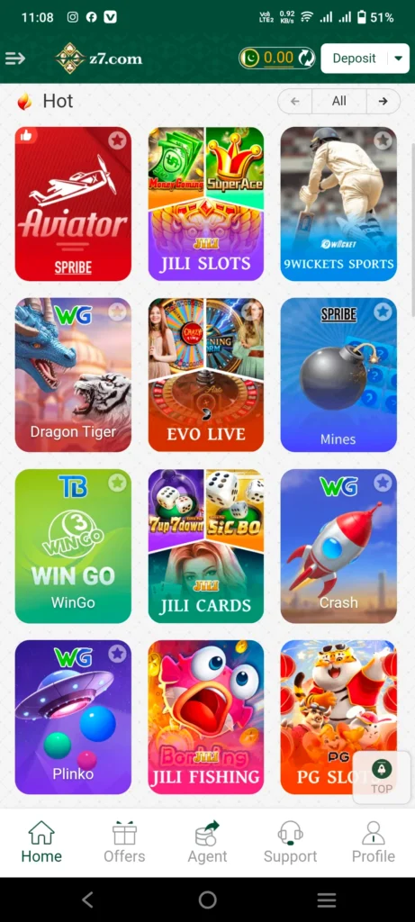 Z7.com mobile interface showing popular casino and arcade games like Aviator, JILI Slots, Dragon Tiger, Evo Live, and PG Slots.