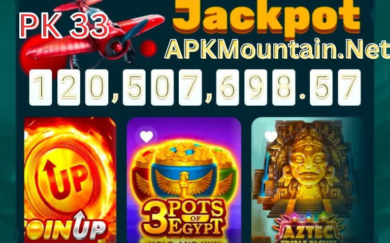 "PK 33 casino game interface showing a jackpot of over 120 million and slot games including Coin Up, 3 Pots of Egypt, and Aztec"