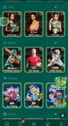 PK365 game interface showing live casino, sports betting, and fishing game options.