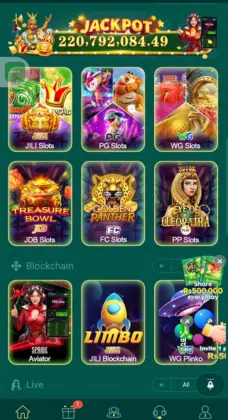 PK365 popular casino game interface showing various slot games, blockchain games, and jackpot amount.