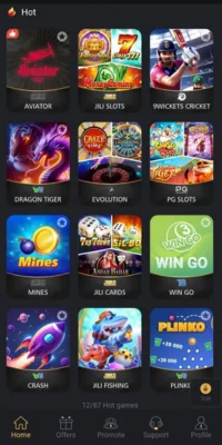 six game it showing popular games like Aviator, JILI Slots, 9Wickets Cricket