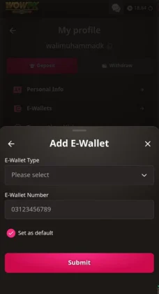 WOWPK game wallet setup screen showing the “Add E-Wallet” interface with options to select E-Wallet type, enter E-Wallet number, set as default, and submit for deposits and withdrawals.