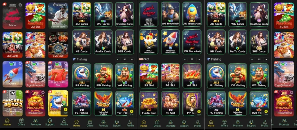 Mobile gaming app interface showing various online casino, slot, card, fishing, and blockchain-based games with colorful icons and categories.