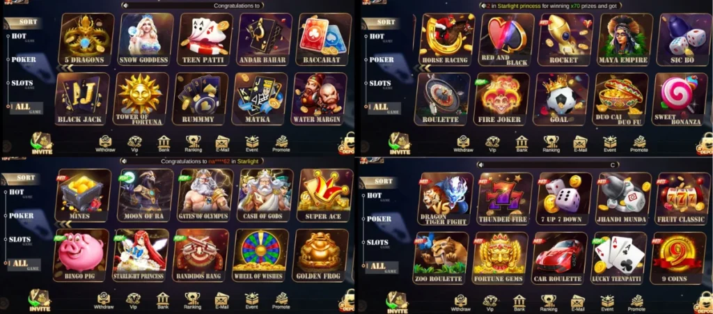 Online casino game lobby showing various slot, card, and roulette games such as Teen Patti, Blackjack, Gates of Olympus, Sweet Bonanza, and Fire Joker."