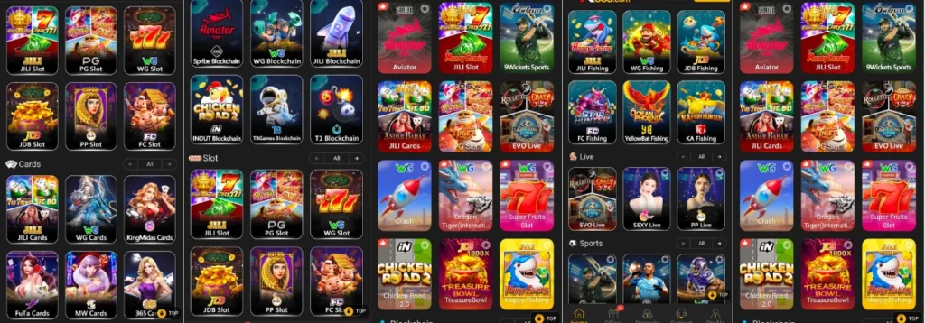 Colorful mobile gaming app interface displaying various slot, card, fishing, and live casino games including titles like JILI Slot, Aviator, Chicken Road, and Happy Fishing.