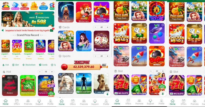 XP786 game app interface displaying various casino-style games such as slots, cards, sports betting, and jackpots with colorful icons.