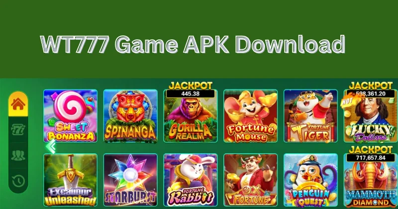 "WT777 Game APK download screen showing slot and casino games"