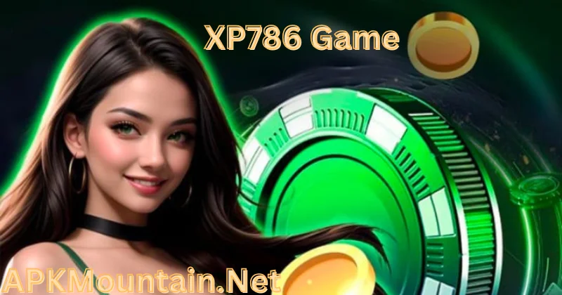 XP786 Game promotional image featuring a woman in green with casino chips, glowing coins, and text “APKMountain.Net.”