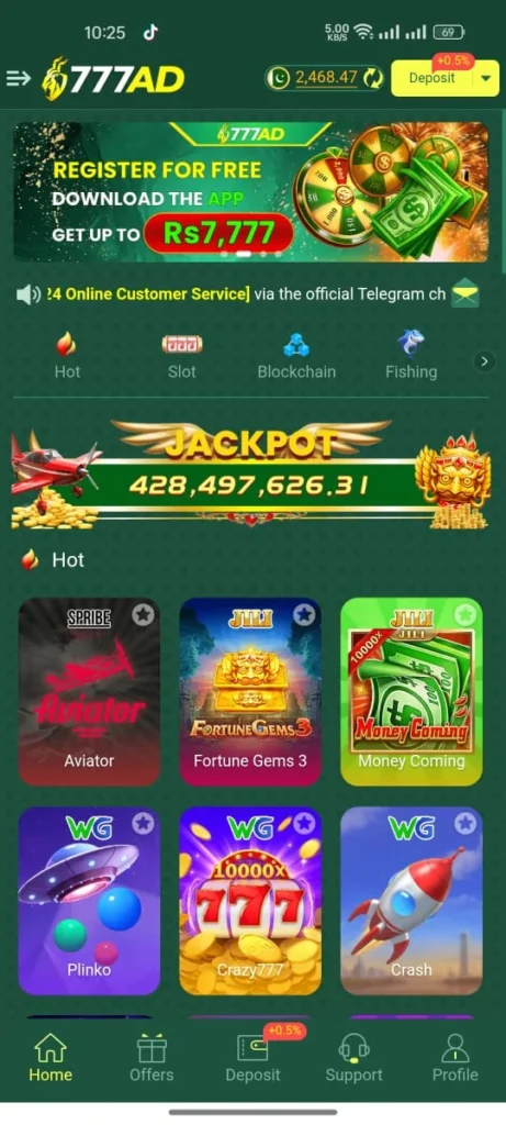 777AD game app interface showing various slot and blockchain games like JILI Slots, PG Slots, Aviator, and Boom