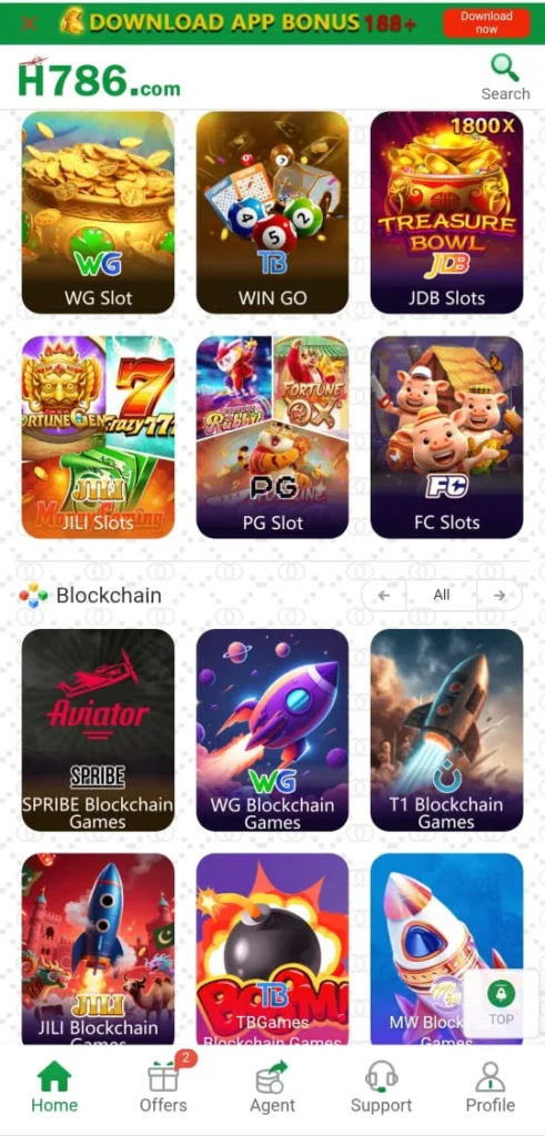 H786.com gaming dashboard showing slot games and blockchain games with colorful icons