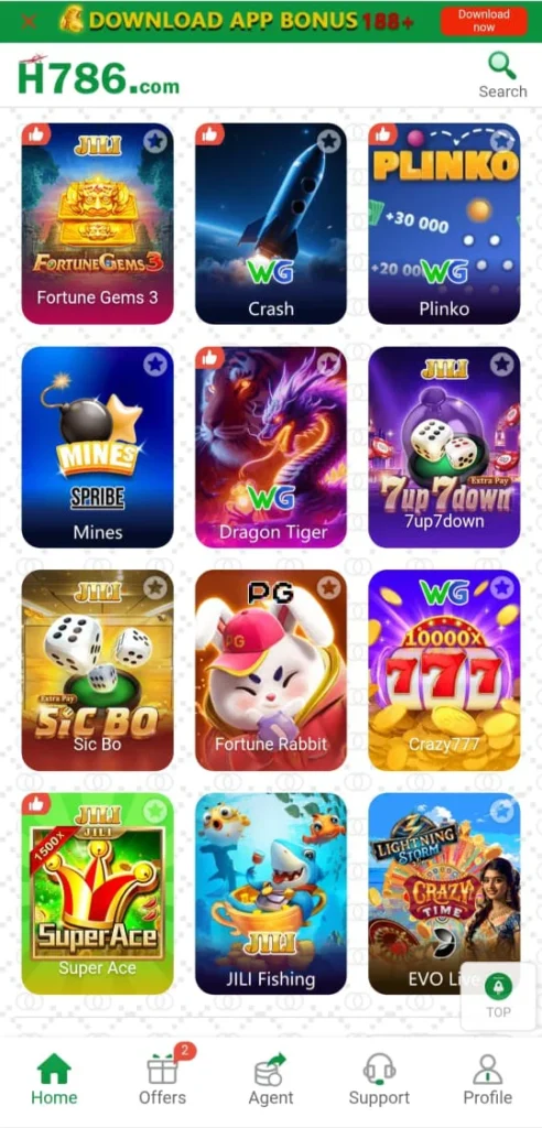 H786.com game selection menu featuring casino and arcade-style games like Crash, Dragon Tiger, and Crazy777