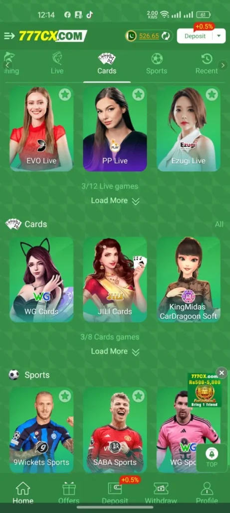 777cx game app home screen showing live casino, card games, and sports betting options with user balance and deposit button.