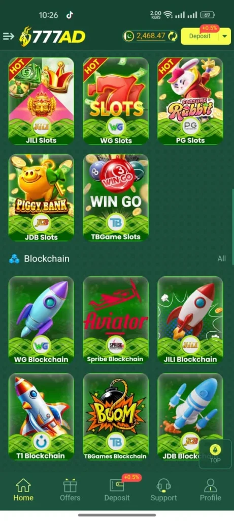 777AD game app interface showing various slot and blockchain games like JILI Slots, PG Slots, Aviator, and Boom