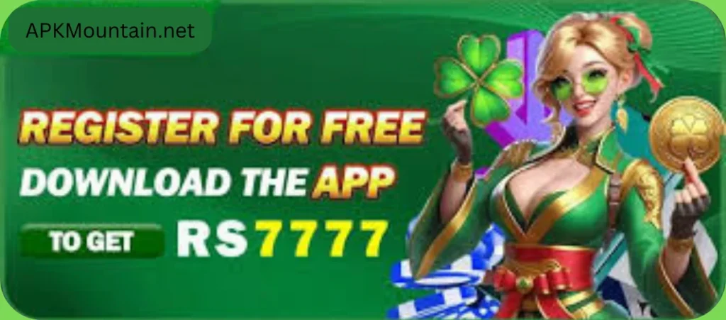 777cx game app promotion banner offering Rs. 7777 signup bonus with female game character and APKMountain.net branding.