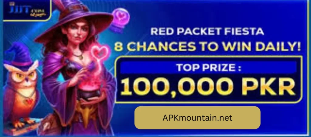 Promotional banner for JJJT.com featuring a witch character and an owl, advertising 8 chances to win daily with a top prize of 100,000 PKR – source: APKmountain.net.