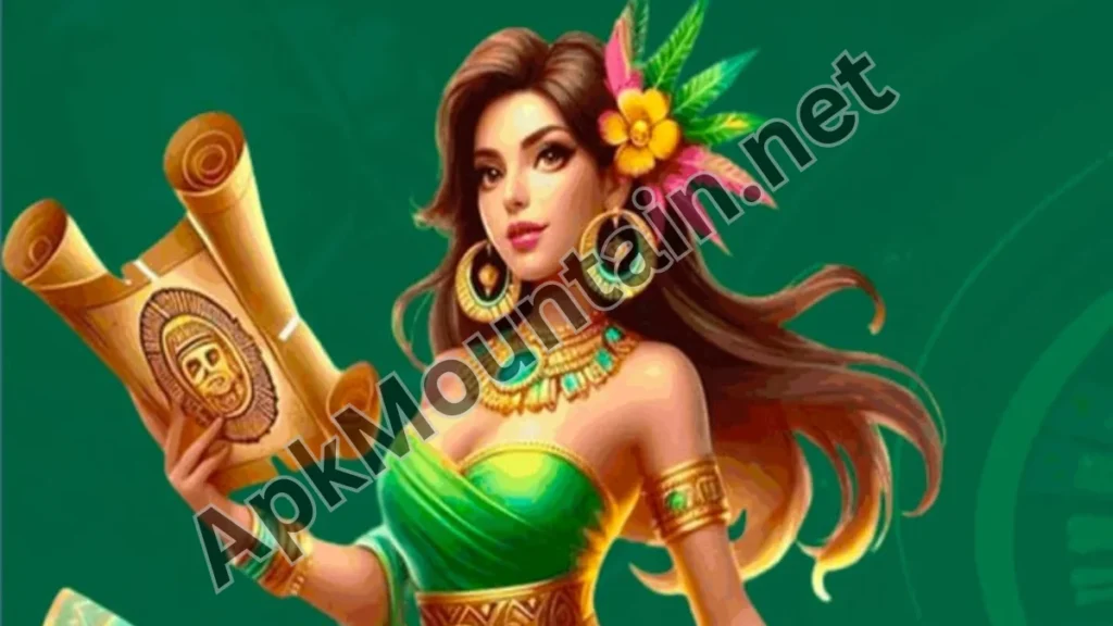 Stylized woman in a green dress holding ancient scroll – LLYY Game casino app banner.