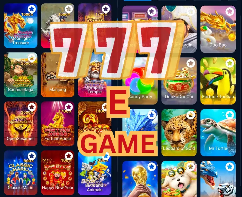 Main interface of 777e Game APK showing slot games, card games, and casino icons with bold 777 E Game logo