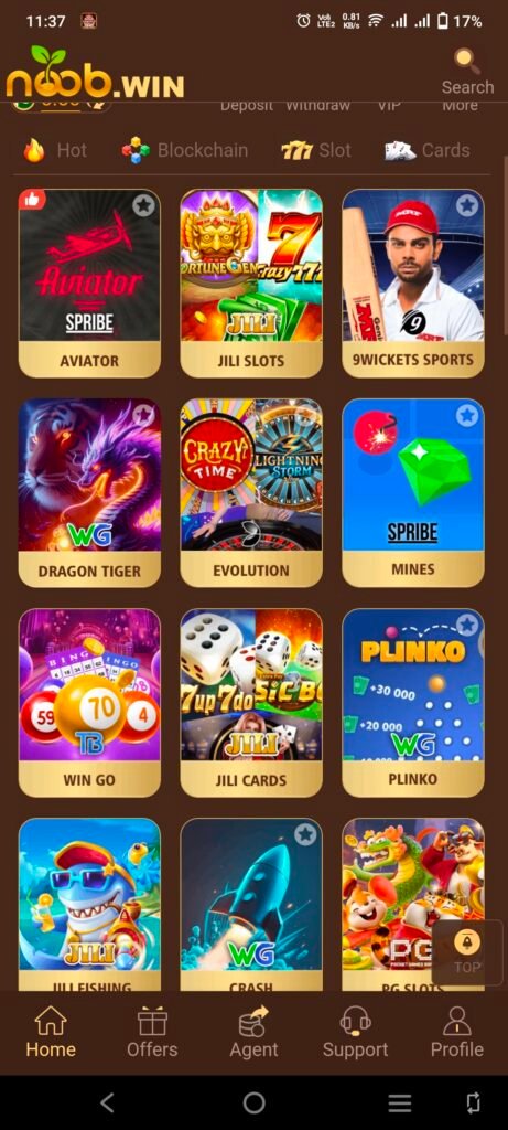 Screenshot of the Noobwin game home interface showing various game options like Aviator, JILI Slots, Dragon Tiger, Plinko, and more.