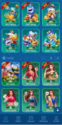 jjjt game interface showcasing various fishing and card games like WG Fishing, JDB Fishing, JILI Fishing, and more.