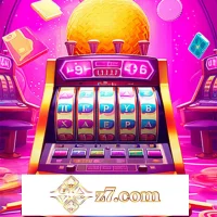 Colorful Z7 online slot machine with neon graphics and spinning reels in a virtual casino setting.