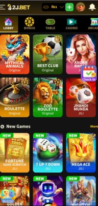 2J.BET app screen showing casino and betting games like Roulette, Andar Bahar, and Mega Ace