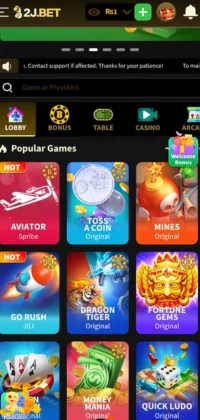 2J.BET game lobby showcasing popular online casino and arcade games