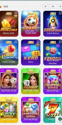 Seven Game selection screen showing multiple game icons including Mines Gold, Crash Goal, Teen Patti, Keno, and Bingo