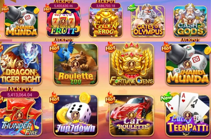 Colorful game selection screen featuring various casino and card games like Teen Patti, Thunder Fire, and Roulette