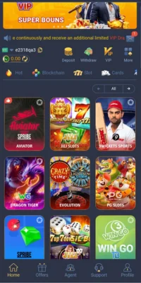 SPRIBE.WIN gaming app home screen with Aviator, slots, sports, and casino games.