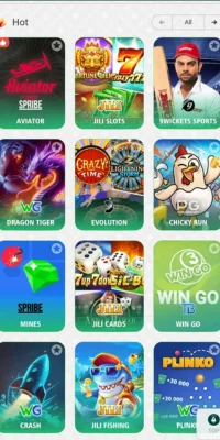 Game selection screen showing multiple game icons including Mines Gold, Crash Goal, Teen Patti, Keno, and Bingo