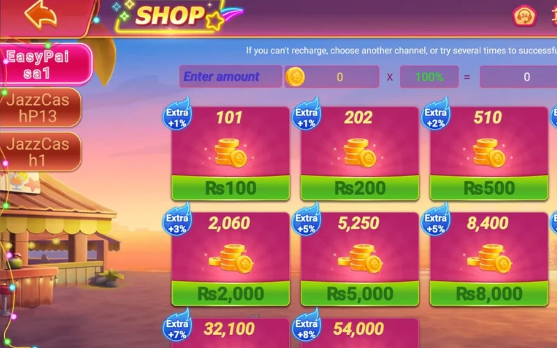 Shop screen of a mobile coin purchase interface showing different recharge amounts with bonus percentages and payment options like JazzCash and Easypaisa.