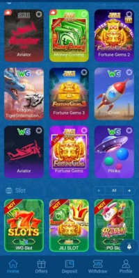 Mobile interface displaying various slot and casino games including Aviator, Money Coming, Fortune Gems, and others – from an online casino app.
