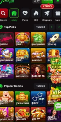 Screenshot of Jeet777 game app displaying top picks and popular games sections.