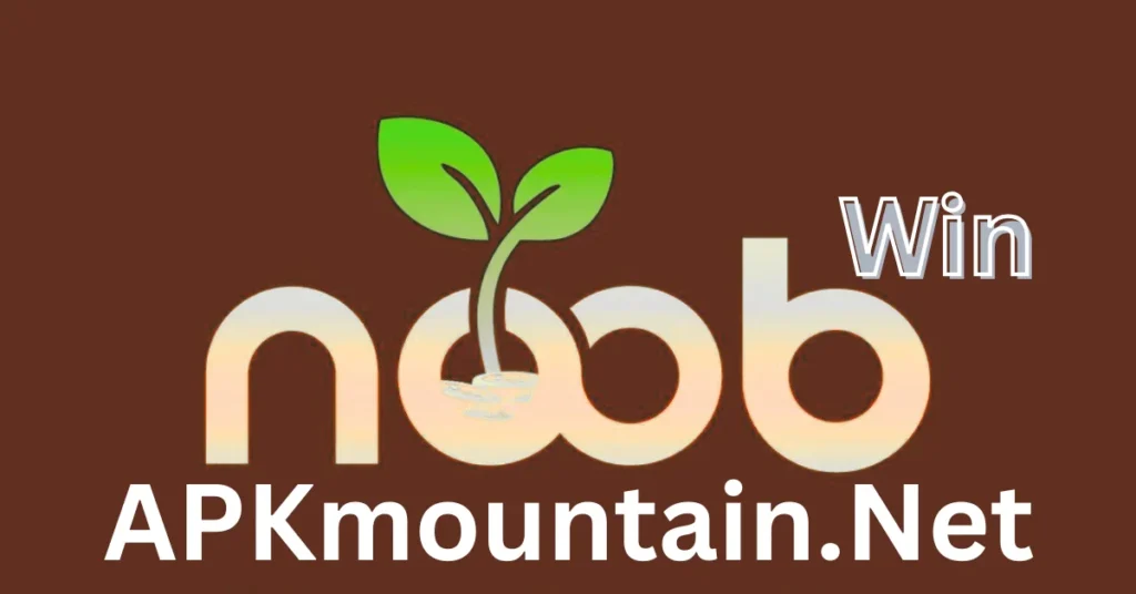 Logo of Noob Win app featuring a sprouting plant within the text, with the URL APKmountain.Net written below.