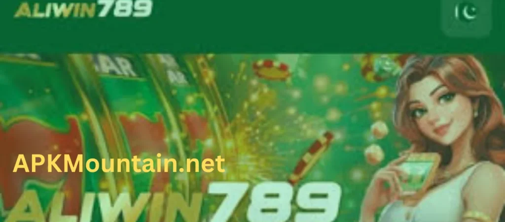 ALIWIN789 game promotional banner with slot machine, game character, and APKMountain.net branding.