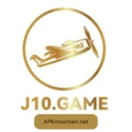 Golden J10.Game logo featuring an airplane inside a circle with the text "J10.GAME" and "APKmountain.net" below.