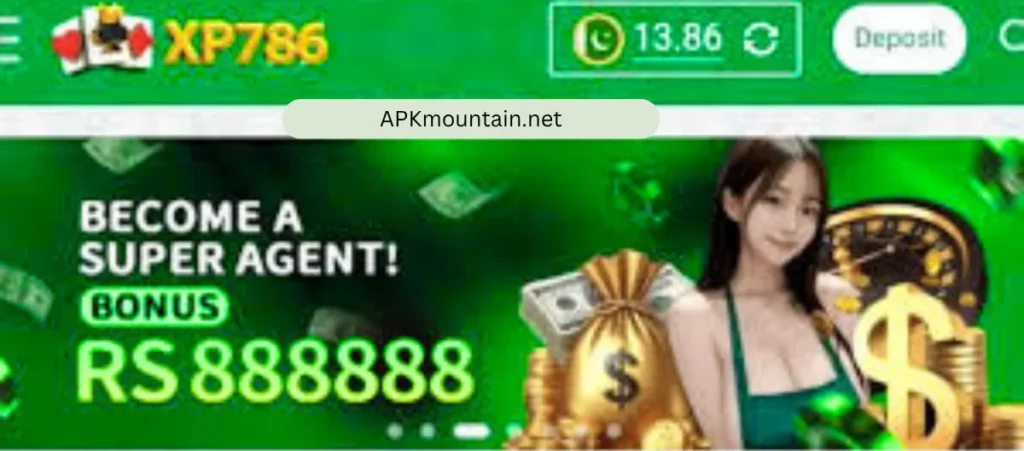 XP786 game banner promoting agent bonus and deposit features.