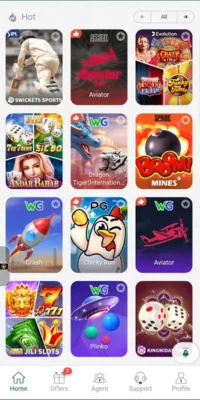 Mobile casino app game selection screen featuring various online games including Aviator, Andar Bahar, Mines, Crash, and slot machine games.