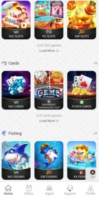 J10.Game app interface showing categories like Slots, Cards, and Fishing with various colorful game icons.