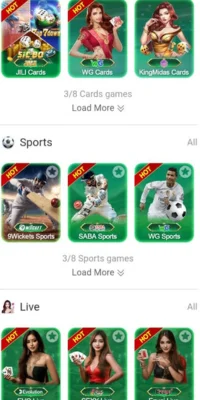 Screenshot of card, sports, and live game options in a gaming app interface.