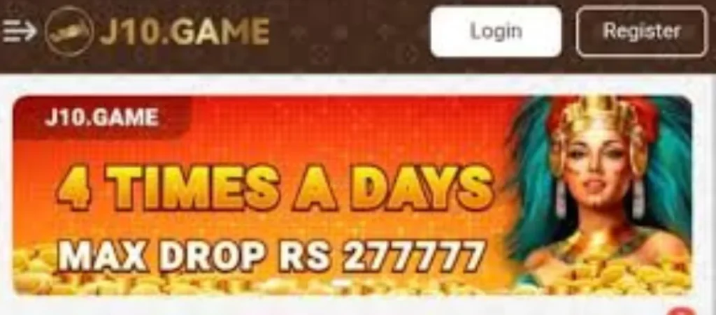 Promotional banner of J10.Game showing "4 TIMES A DAYS" and "MAX DROP RS 277777" with a woman in an Egyptian-style outfit and a background filled with gold coins.