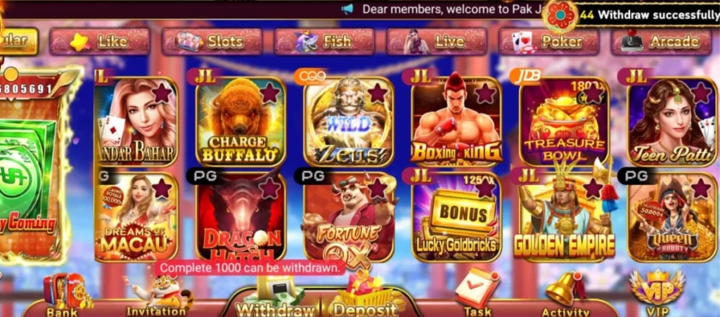 Colorful mobile casino game interface showing various slot and card game icons like Andar Bahar, Zeus, Boxing King, Teen Patti, and more.