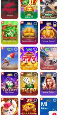 Game icons grid showing various online casino and betting games including Aviator, JILI Slot, 9Wickets Sports, Money Gaming, Fortune Gems, Crash, Tiger International, Sic Bo, Andar Bahar, and more.