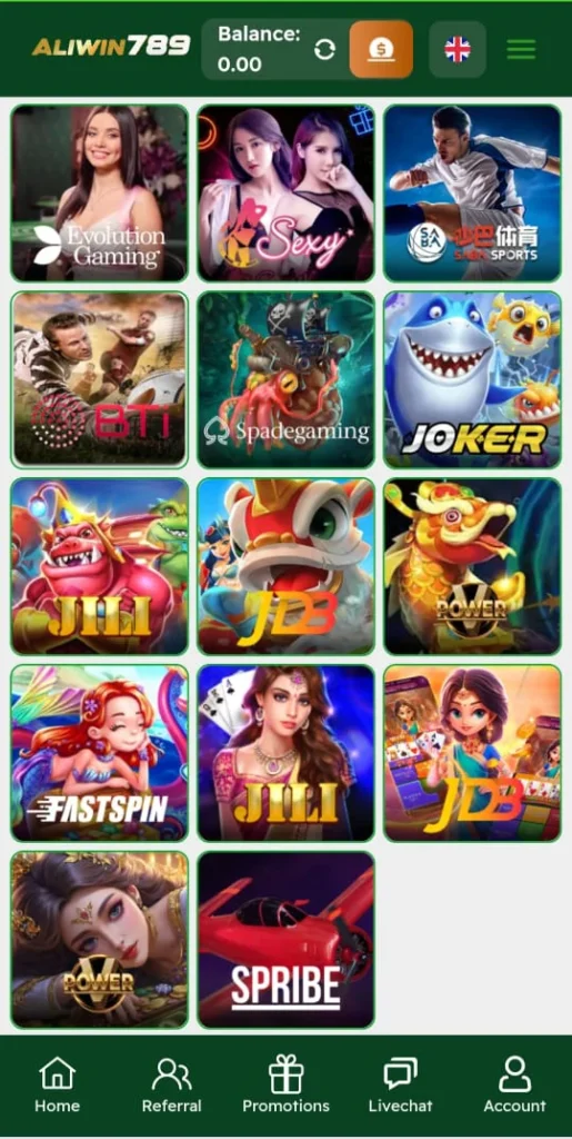 Aliwin789 game interface showcasing various casino and slot game providers including Evolution Gaming, Sexy Gaming, JILI, JDB, and SPRIBE.