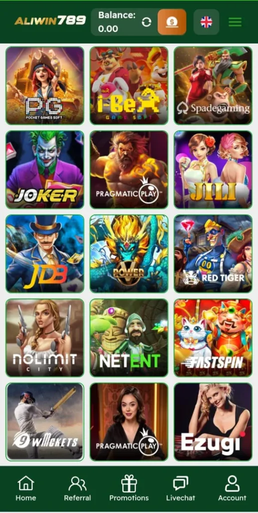 Aliwin789 game online casino app selection screen showing various game providers like PG, iBet, Spadegaming, Joker, Pragmatic Play, JILI, and more.