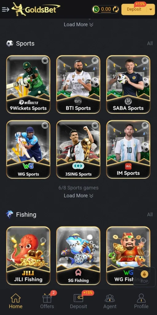 GoldsBet Game interface showing sports and fishing game options like 9Wickets, BTI Sports, and JILI Fishing.