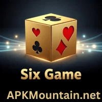 Six Game logo in gold with card suit icons and APKMountain.net branding.