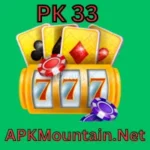 "PK 33 slot machine graphic with playing cards and poker chips, featuring 777 symbols and the website APKMountain.Net"