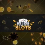 Rumi Slots game logo with golden poker chips and playing cards background.