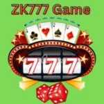 ZK777 Game logo featuring playing cards, red dice, and a glowing slot machine display with triple sevens on a bright green background.